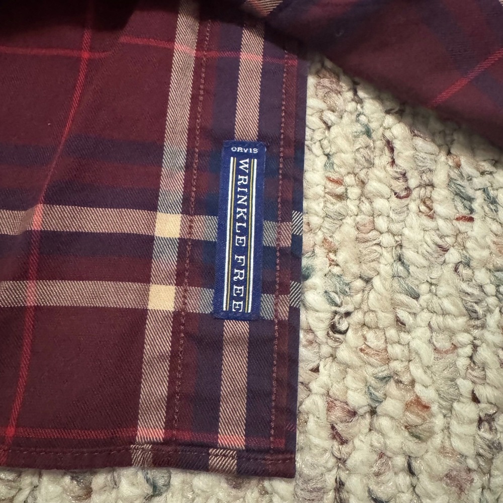 Orvis Mens Large Classic Fit Wrinkle Free Plaid Button Down Shirt Burgundy Navy - Picture 8 of 9